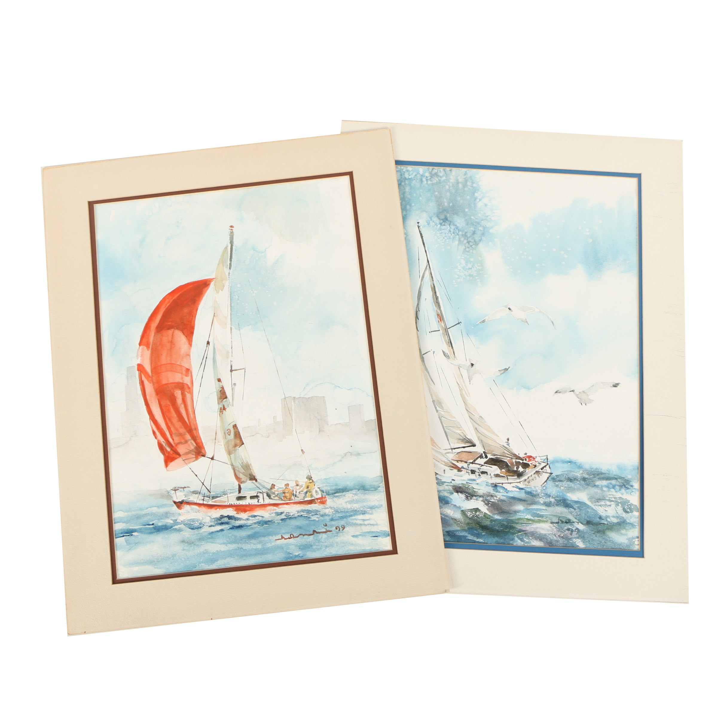Two Watercolor Paintings of Sailboats