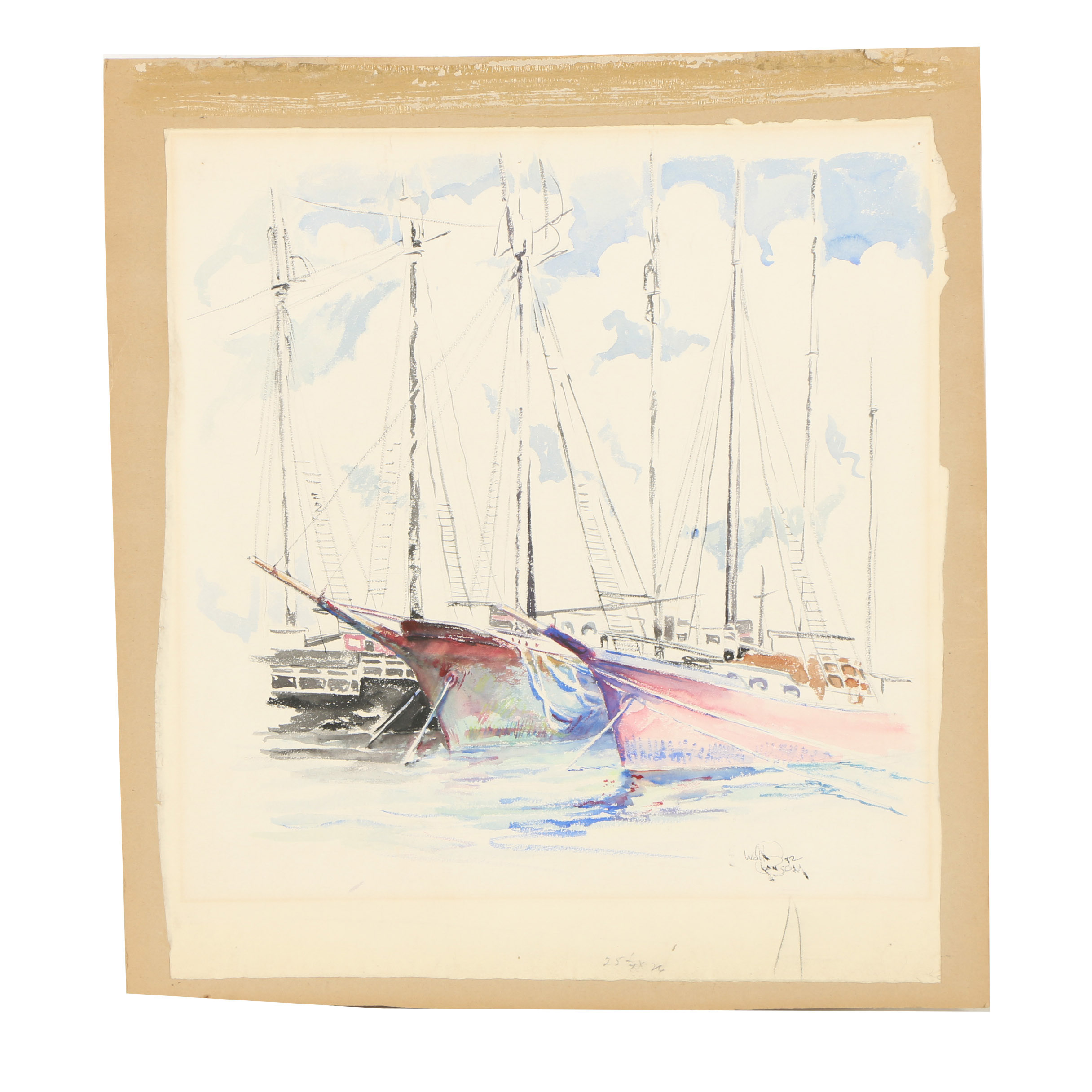 1932 Watercolor and Pastel Painting of Sailboats