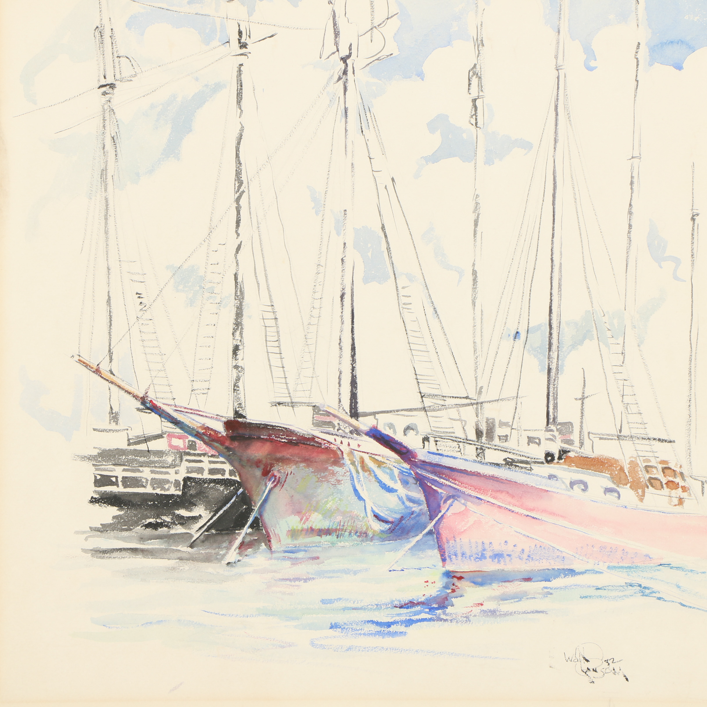 1932 Watercolor and Pastel Painting of Sailboats