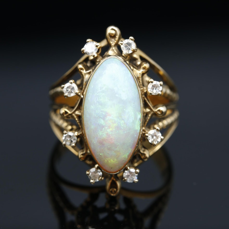 14K Yellow Gold Opal Diamond Ring