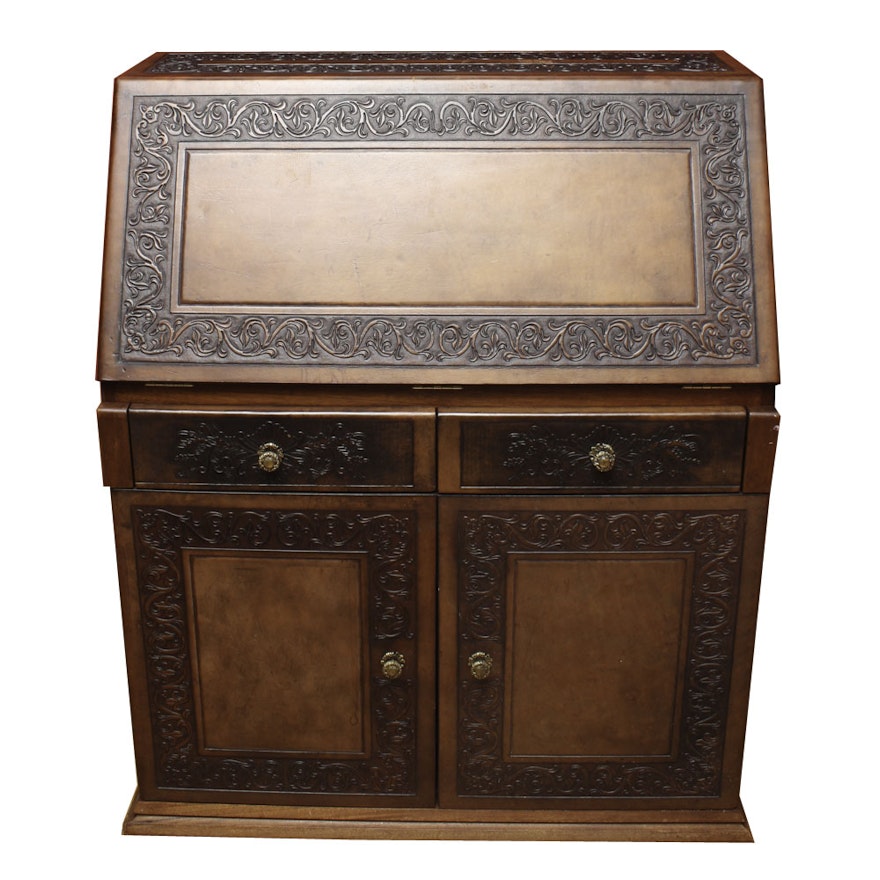 Contemporary Slant Front Secretary Desk with Carved Trim