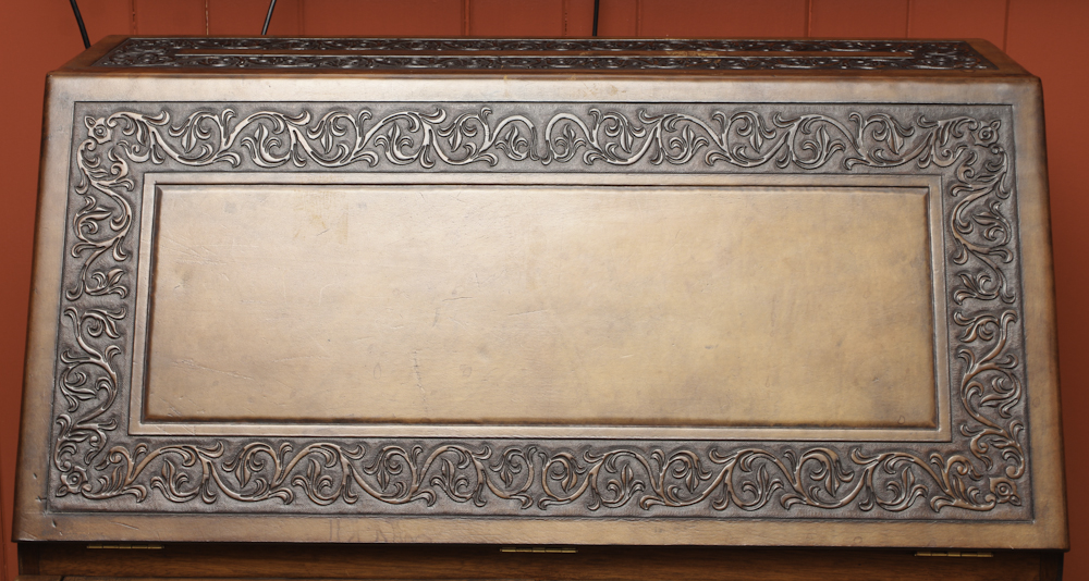 Contemporary Slant Front Secretary Desk with Carved Trim