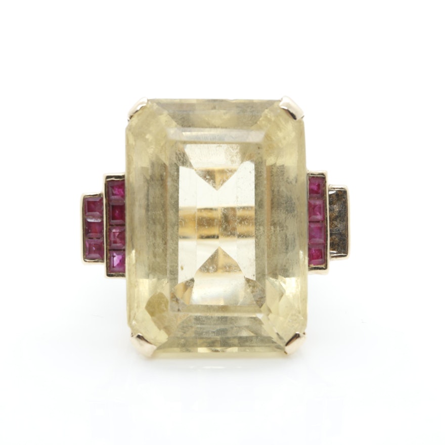 Retro Modern 14K Yellow Gold 43.30 CT Citrine and Ruby Ring