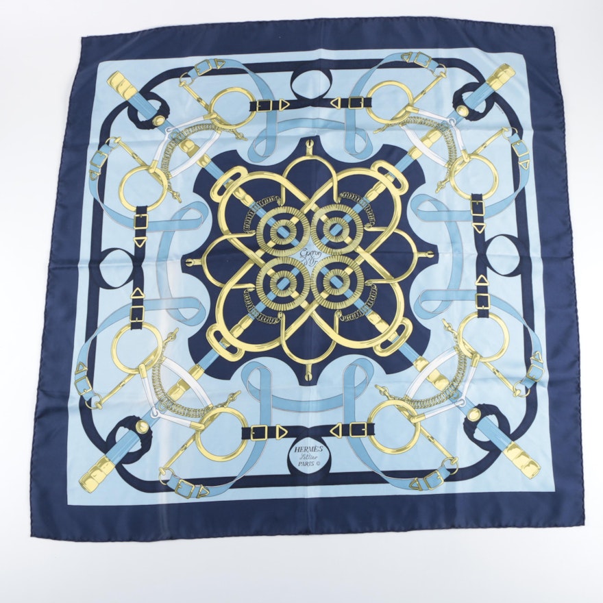 Vintage Hermès of Paris "Eperon d'Or" Navy and Light Blue Silk Scarf