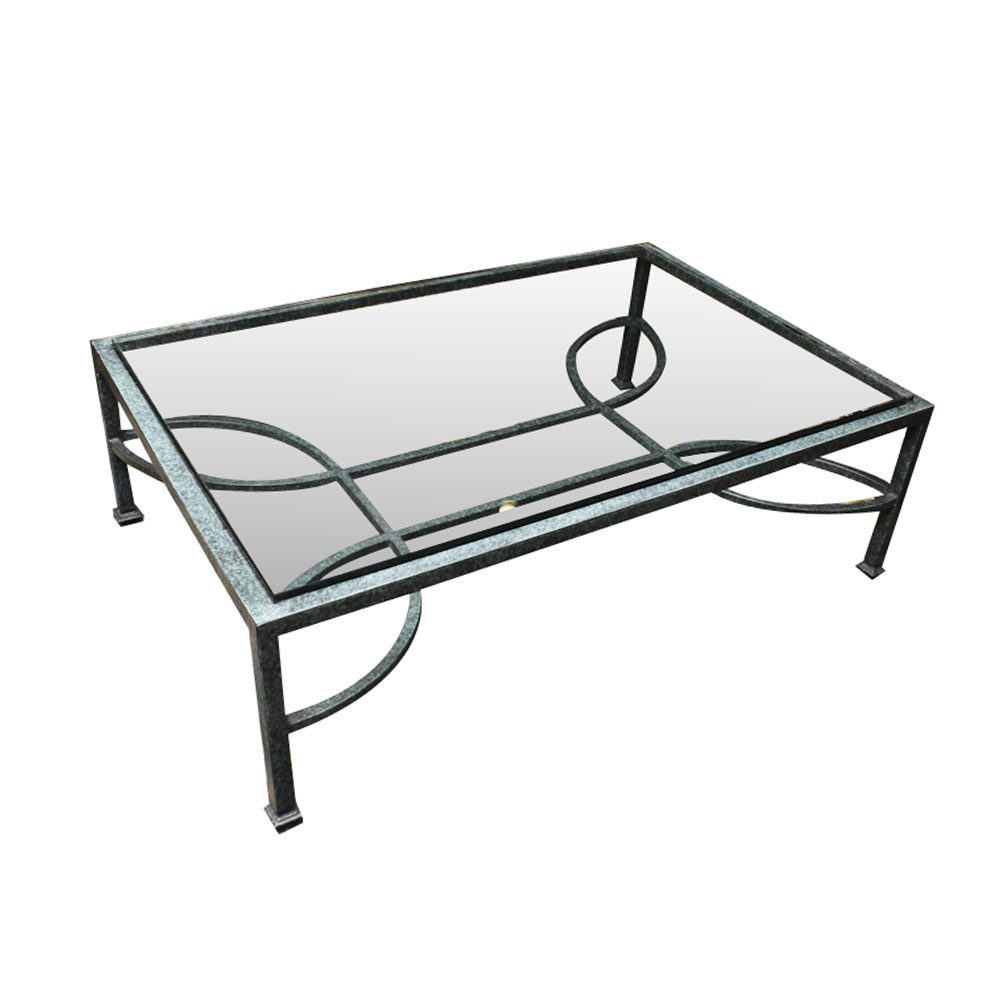 Contemporary Verdigris Metal and Glass Coffee Table