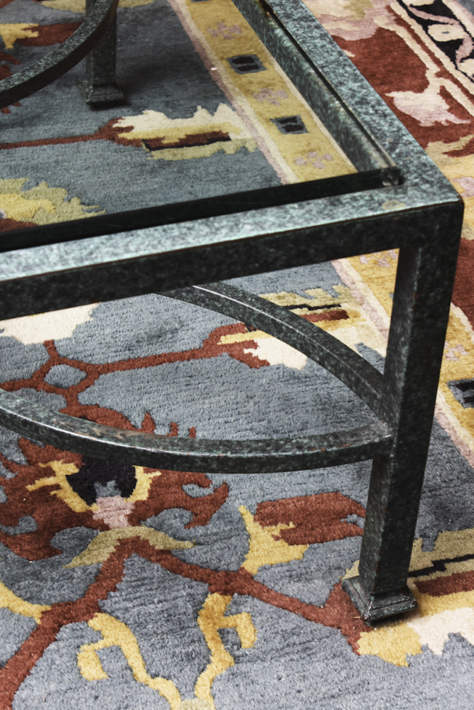 Contemporary Verdigris Metal and Glass Coffee Table