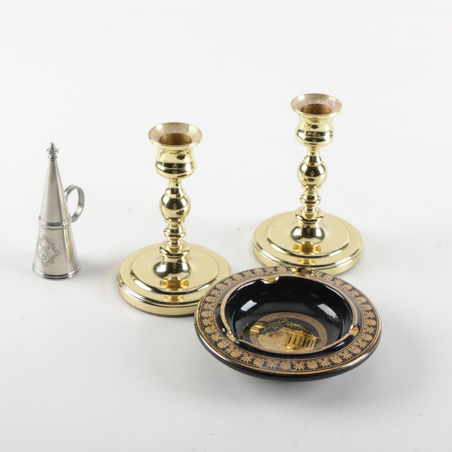 Brass Candle Holders, Snuffer and 24K Gold Ash Receiver