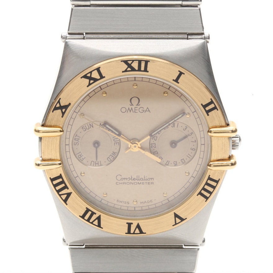 Silver Tone Omega Wristwatch with 18K Yellow Gold Bezel