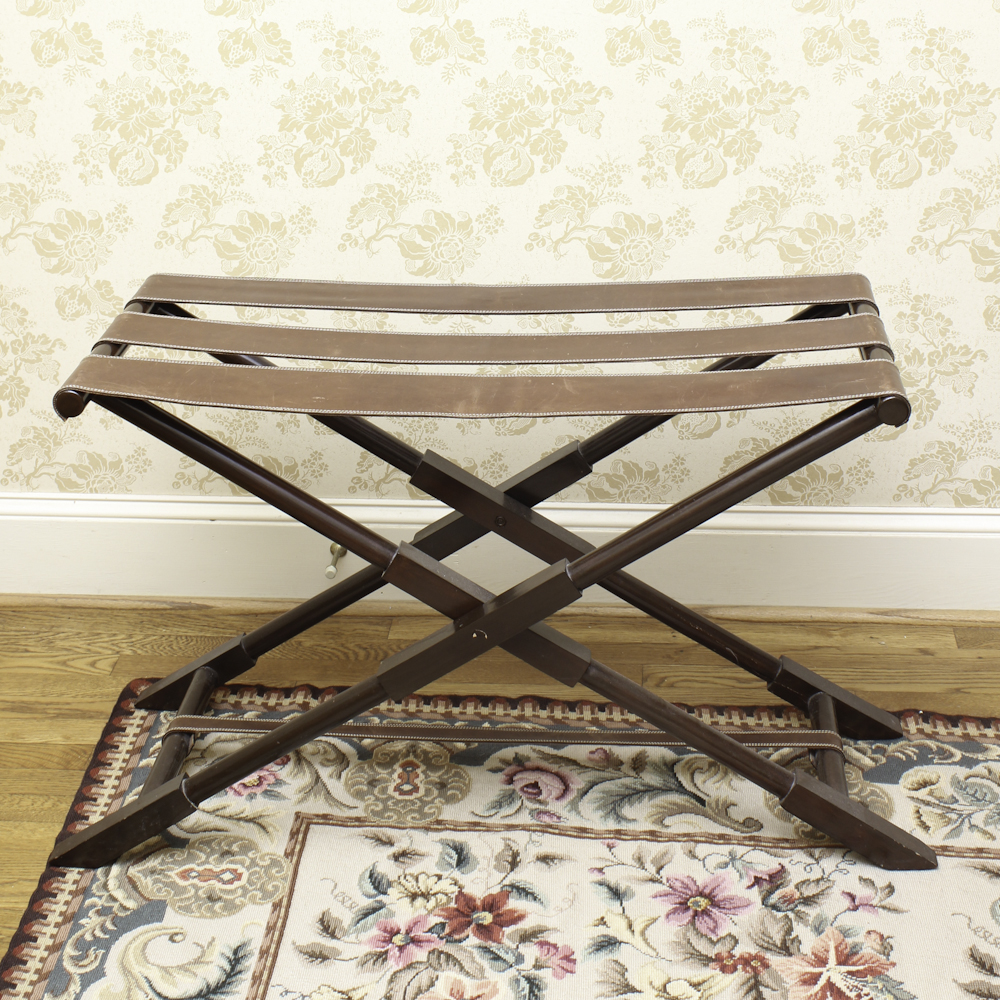 Vintage Wood and Leather Folding Luggage Stand