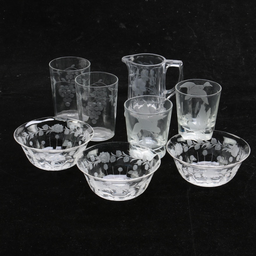 Collection of Etched Glass Drinkware and Bowls