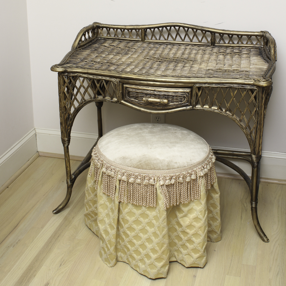 Gold Painted Wicker Vanity and Upholstered Stool