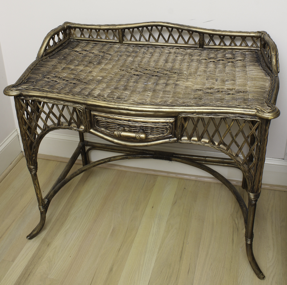 Gold Painted Wicker Vanity and Upholstered Stool