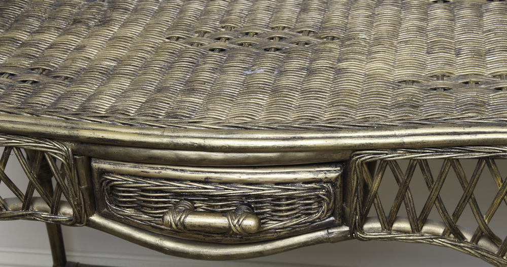 Gold Painted Wicker Vanity and Upholstered Stool