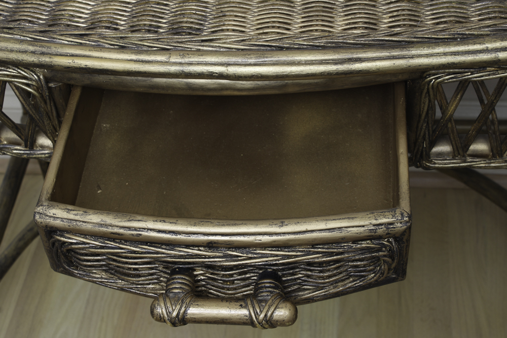 Gold Painted Wicker Vanity and Upholstered Stool