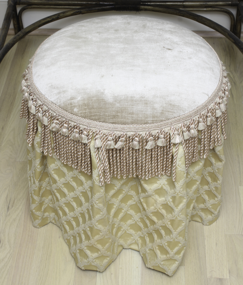 Gold Painted Wicker Vanity and Upholstered Stool