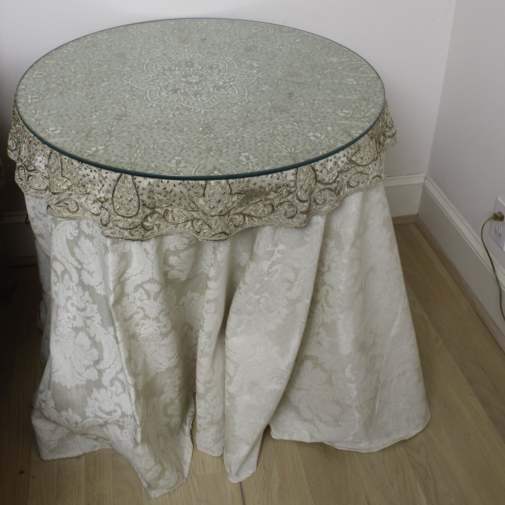 Accent Table with Damask and Embroidered Cloth