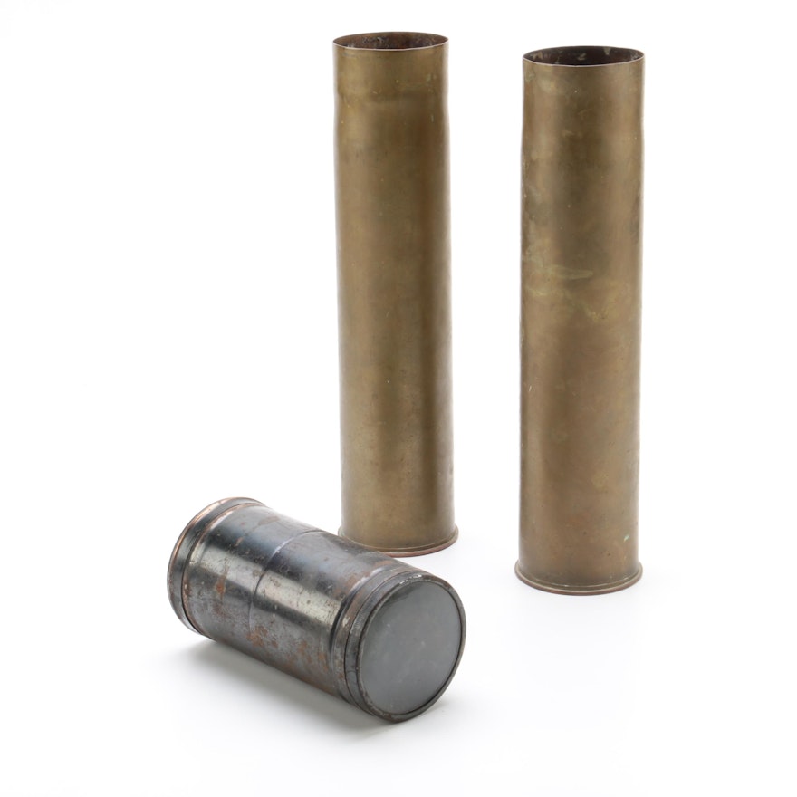 Pair of WWI French 75mm Field Gun Shells with Magnifying Container