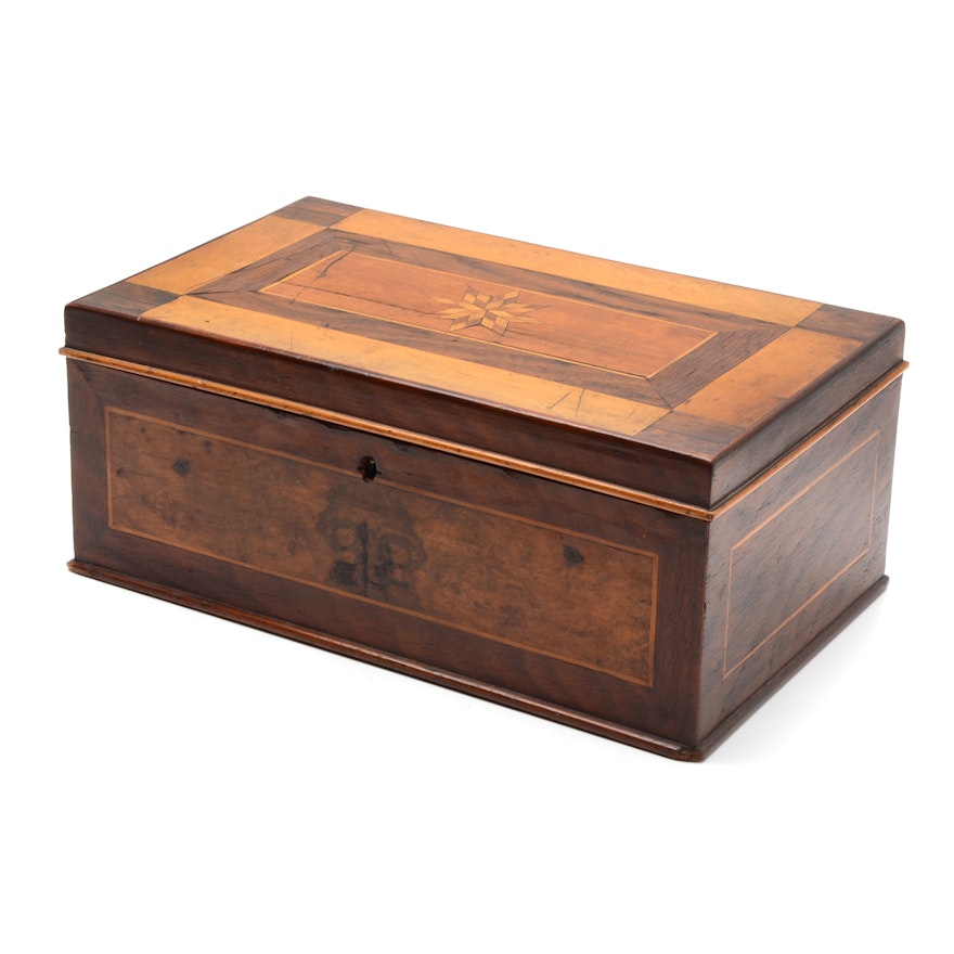 Antique Parquetry Dresser Box with Eight-Point Star Inlay, 19th Century