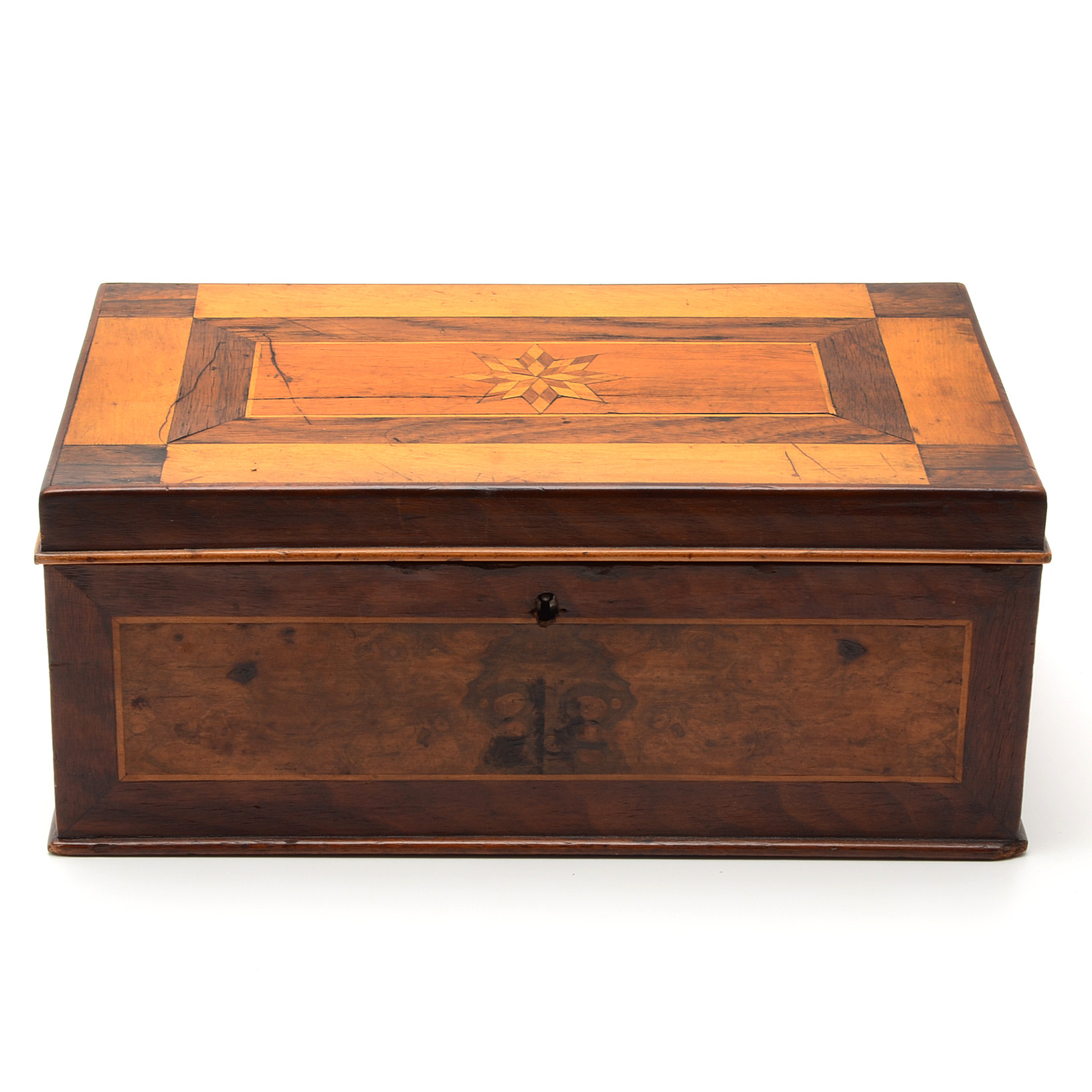 Antique Parquetry Dresser Box with Eight-Point Star Inlay, 19th Century