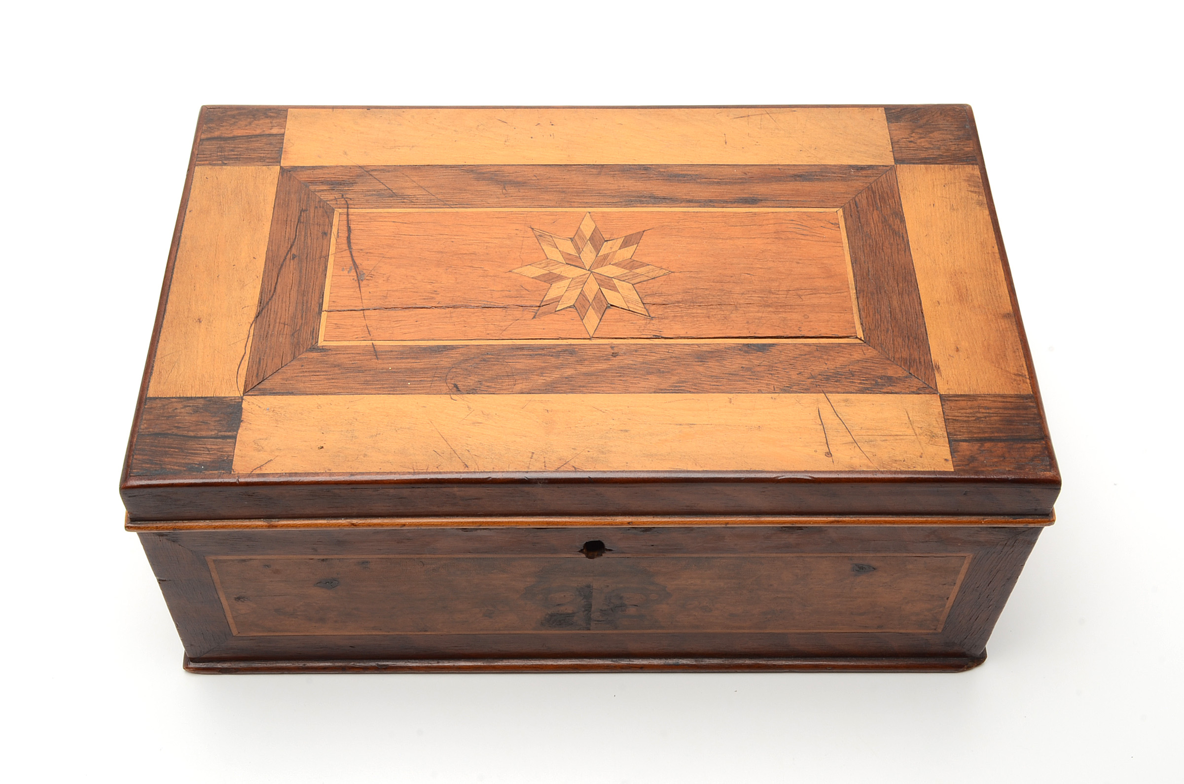 Antique Parquetry Dresser Box with Eight-Point Star Inlay, 19th Century