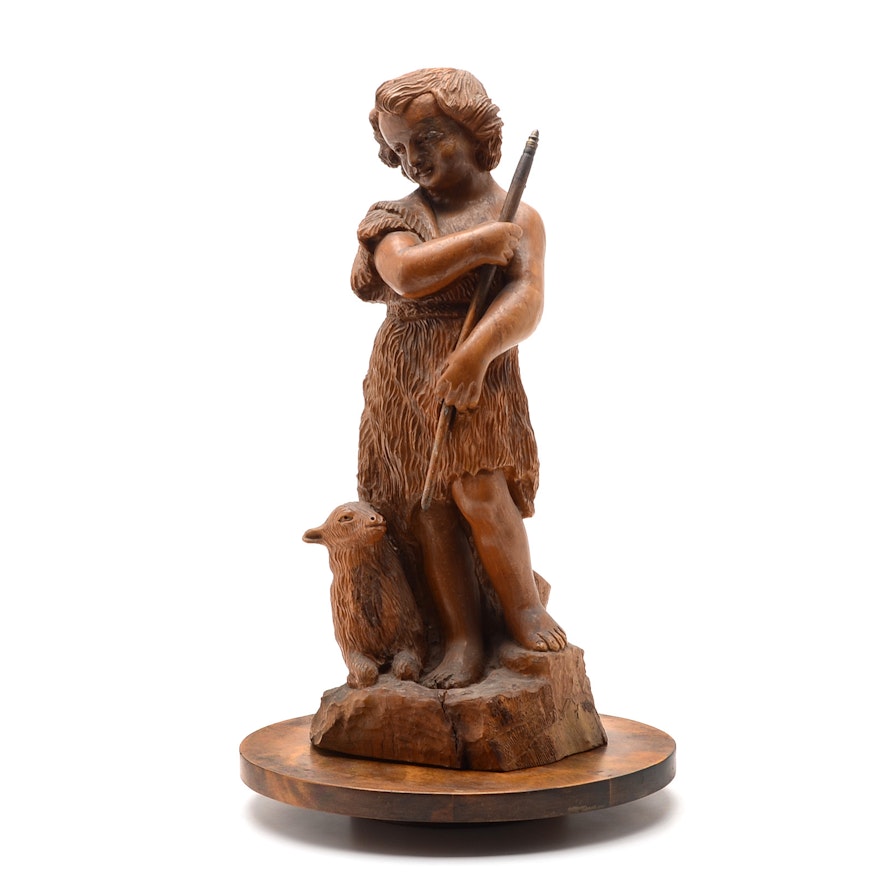 1870 Hakob Avakyan Carved Wood Sculpture of Shepherd with Lamb