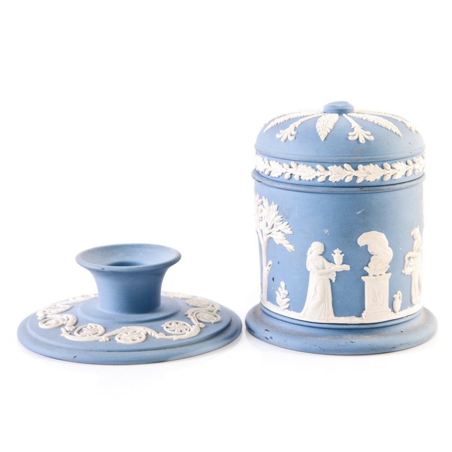 Wedgwood Blue Jasperware Trinket Box and Candle Holder