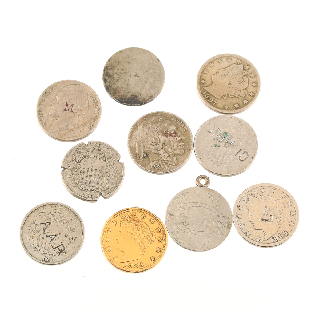 Group of Ten American Nickels with Alterations