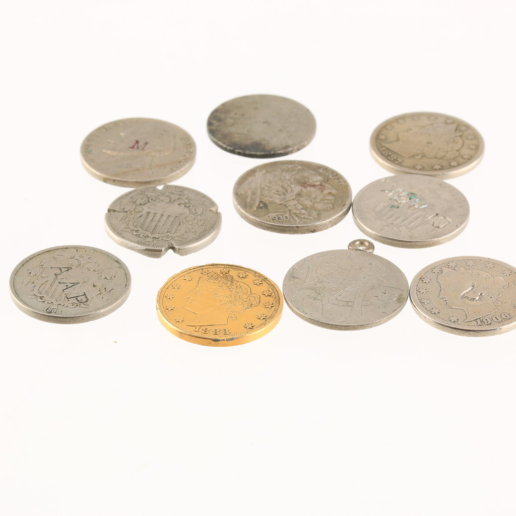 Group of Ten American Nickels with Alterations