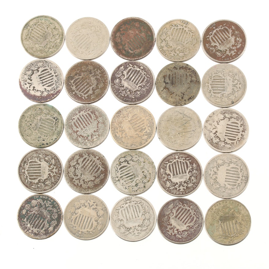 Group of Twenty-Five Shield Nickels From 1866 to 1883