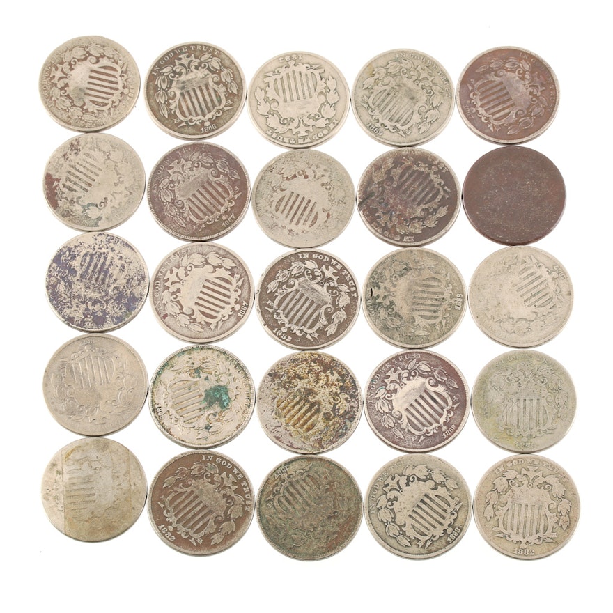 Group of Twenty-Five Shield Nickels From 1866 to 1883