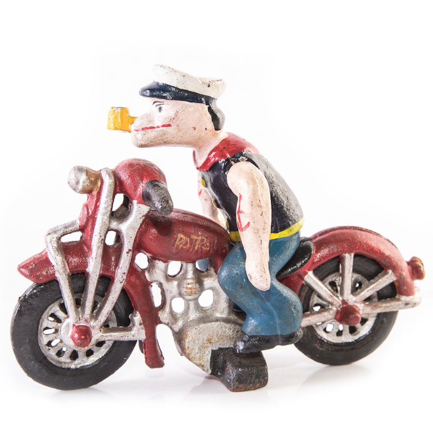 Cast Iron Popeye on Motorcycle Figure