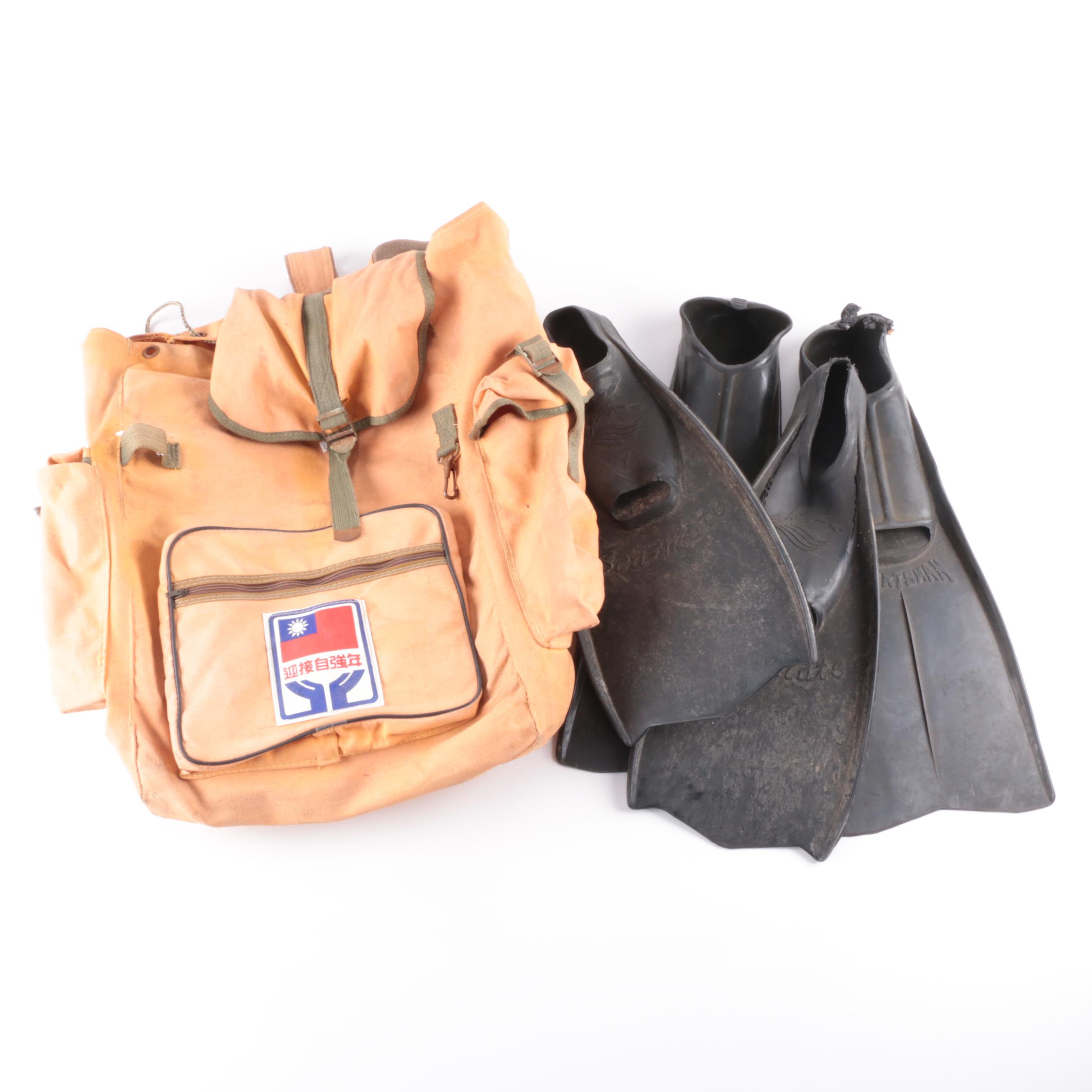 Canvas Backpack and Swim Fins