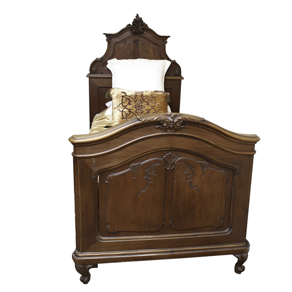 Antique French Rococo-Carved Walnut Twin Bed