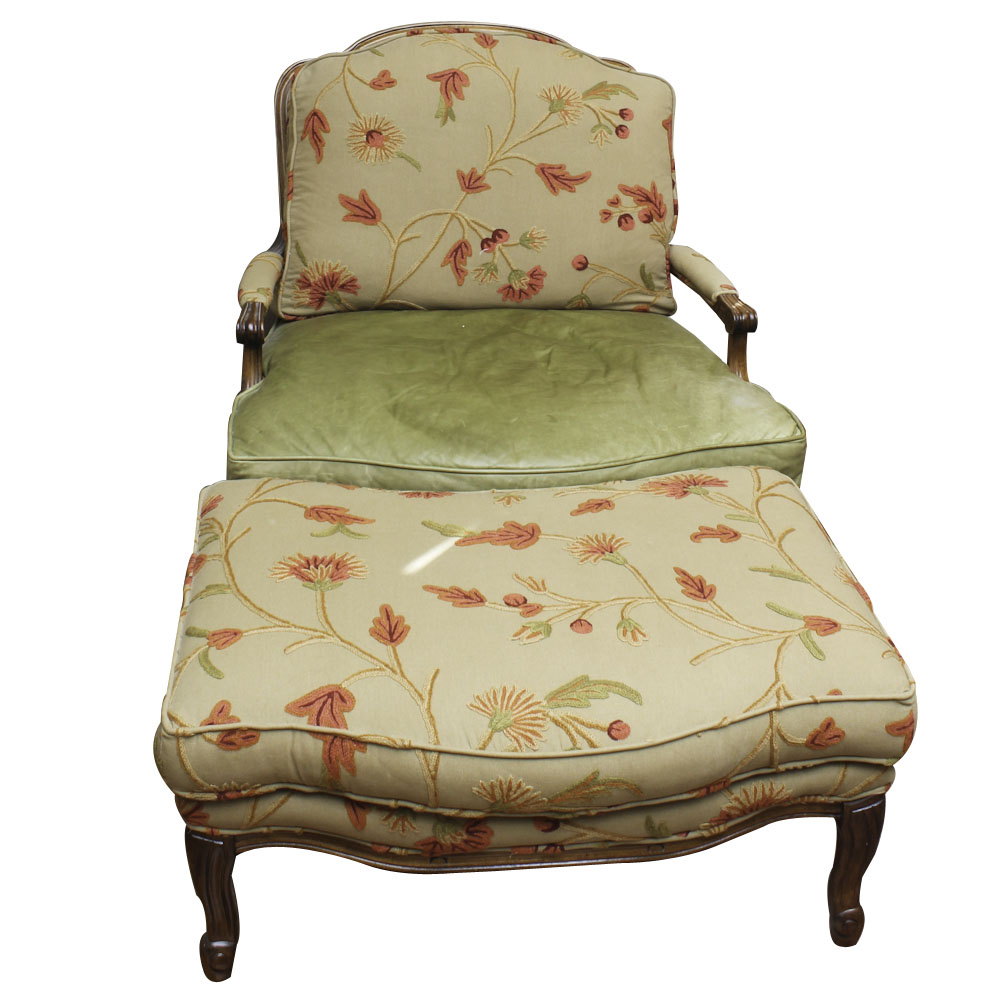 Fine Replica Louis XV Style Bergère Chair and Ottoman