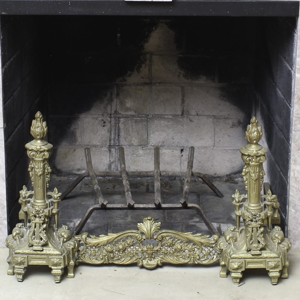 Antique French Baroque Brass Andirons and Fender
