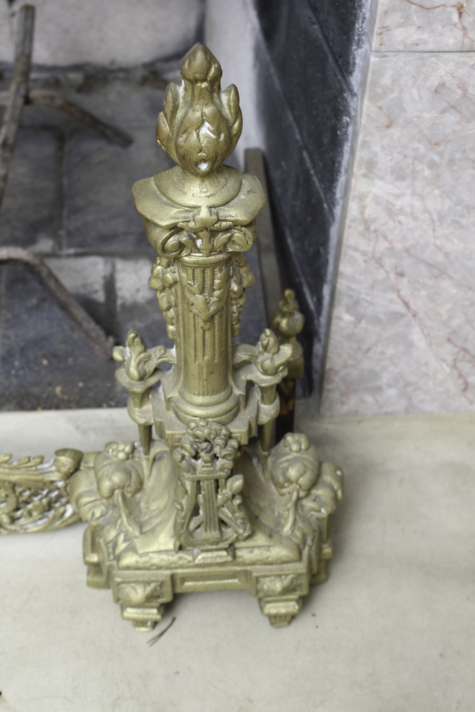 Antique French Baroque Brass Andirons and Fender