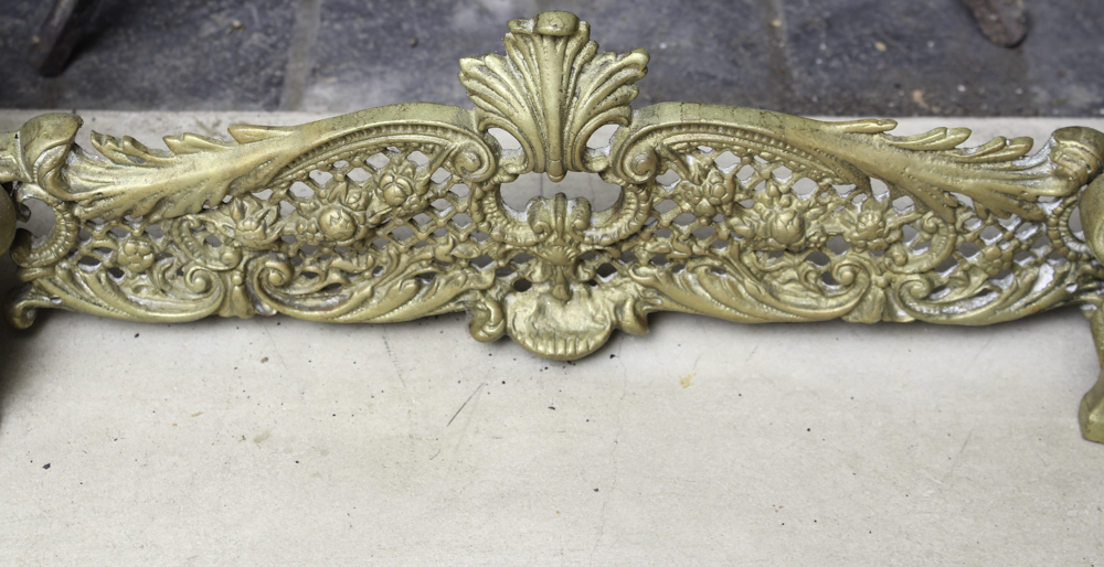 Antique French Baroque Brass Andirons and Fender