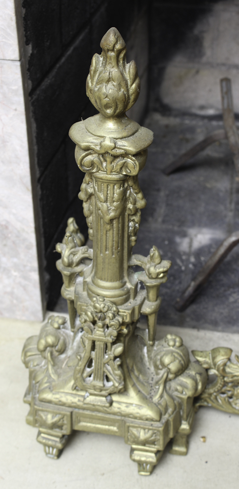 Antique French Baroque Brass Andirons and Fender