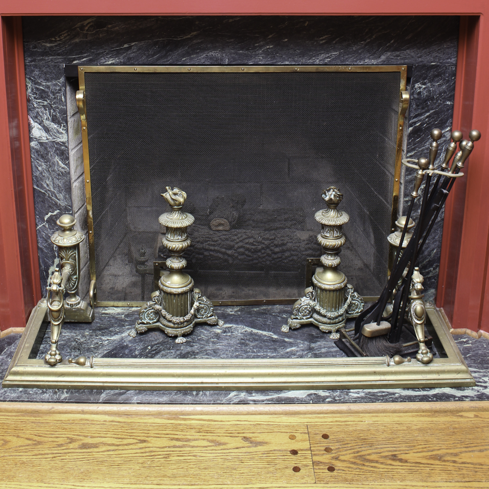 Vintage Brass Louis XVI Style Andirons and Fireplace Tools
