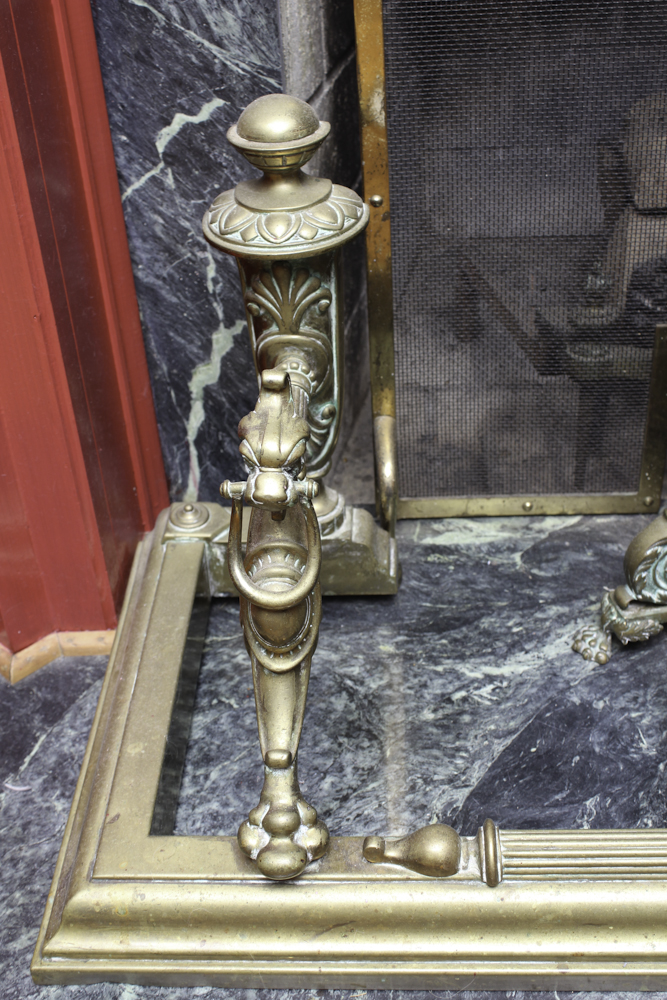 Vintage Brass Louis XVI Style Andirons and Fireplace Tools