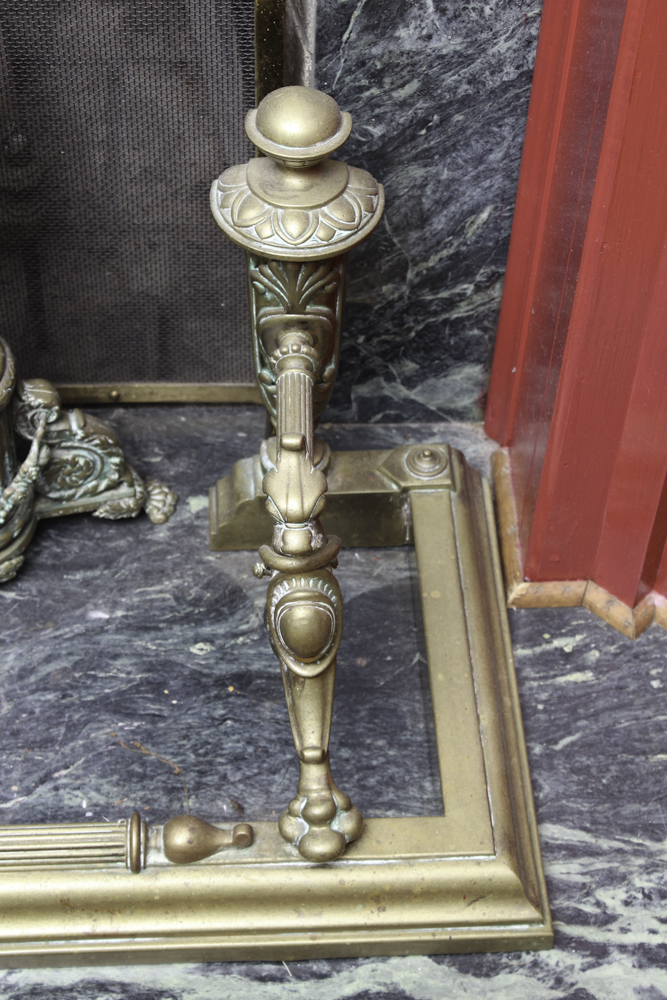 Vintage Brass Louis XVI Style Andirons and Fireplace Tools