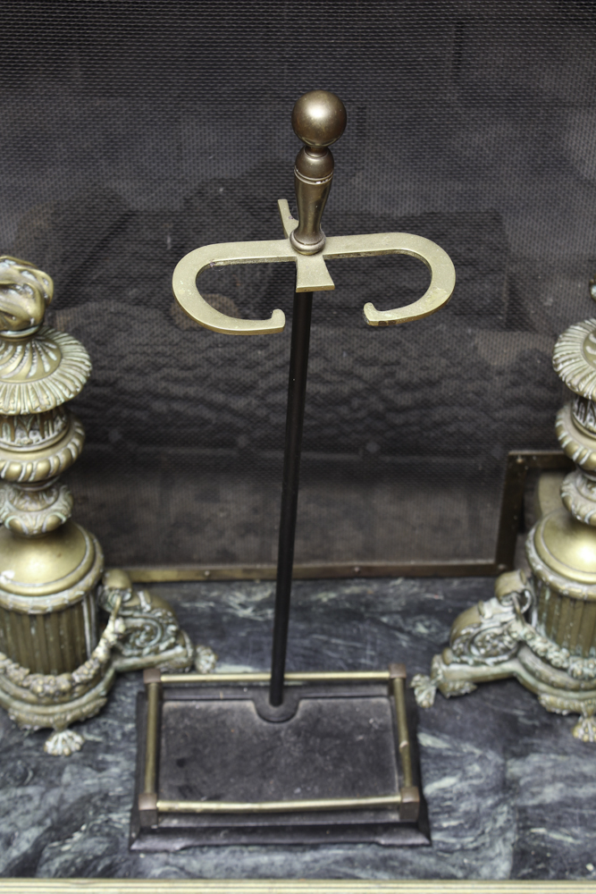 Vintage Brass Louis XVI Style Andirons and Fireplace Tools