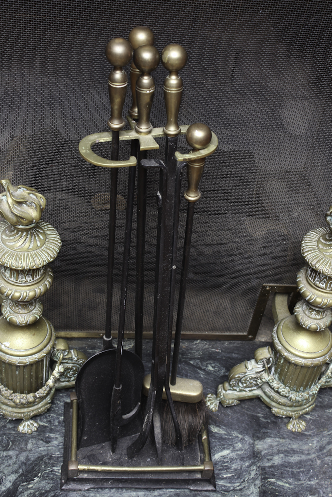 Vintage Brass Louis XVI Style Andirons and Fireplace Tools