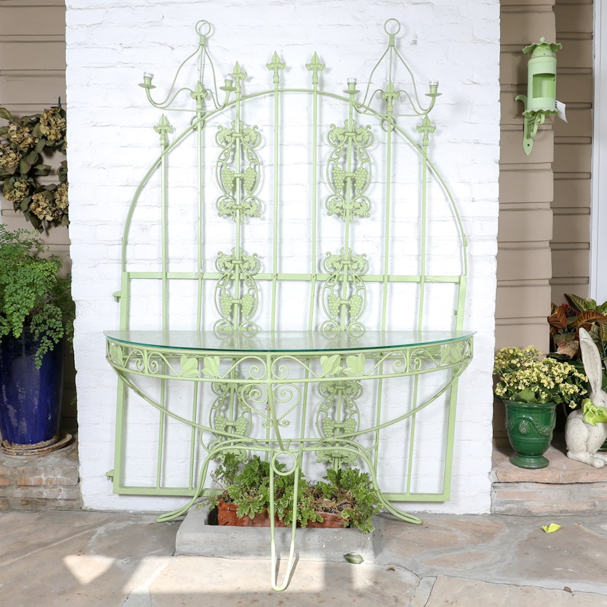 Painted Wrought Iron and Glass Console Table with Gate Feature