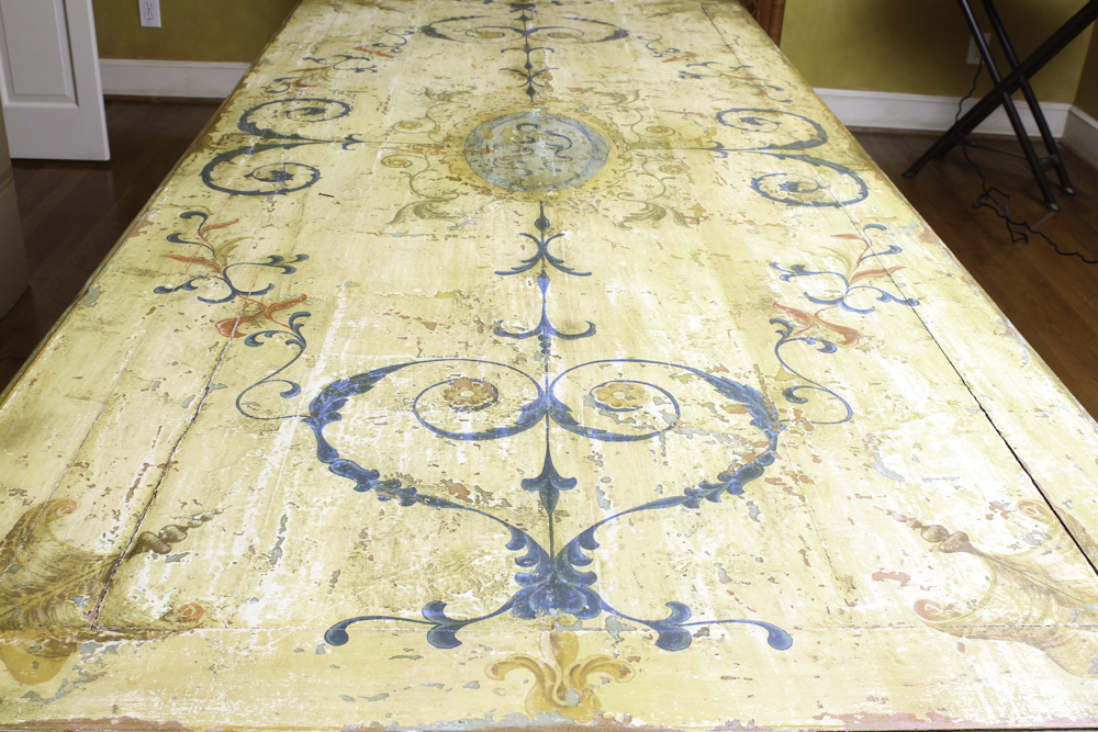 Antique Trestle Dining Table with Painted Neoclassical Motifs
