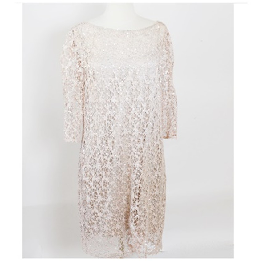 Kay Unger New York Rose-Blush Crochet Lace Evening Dress Embellished in Sequins