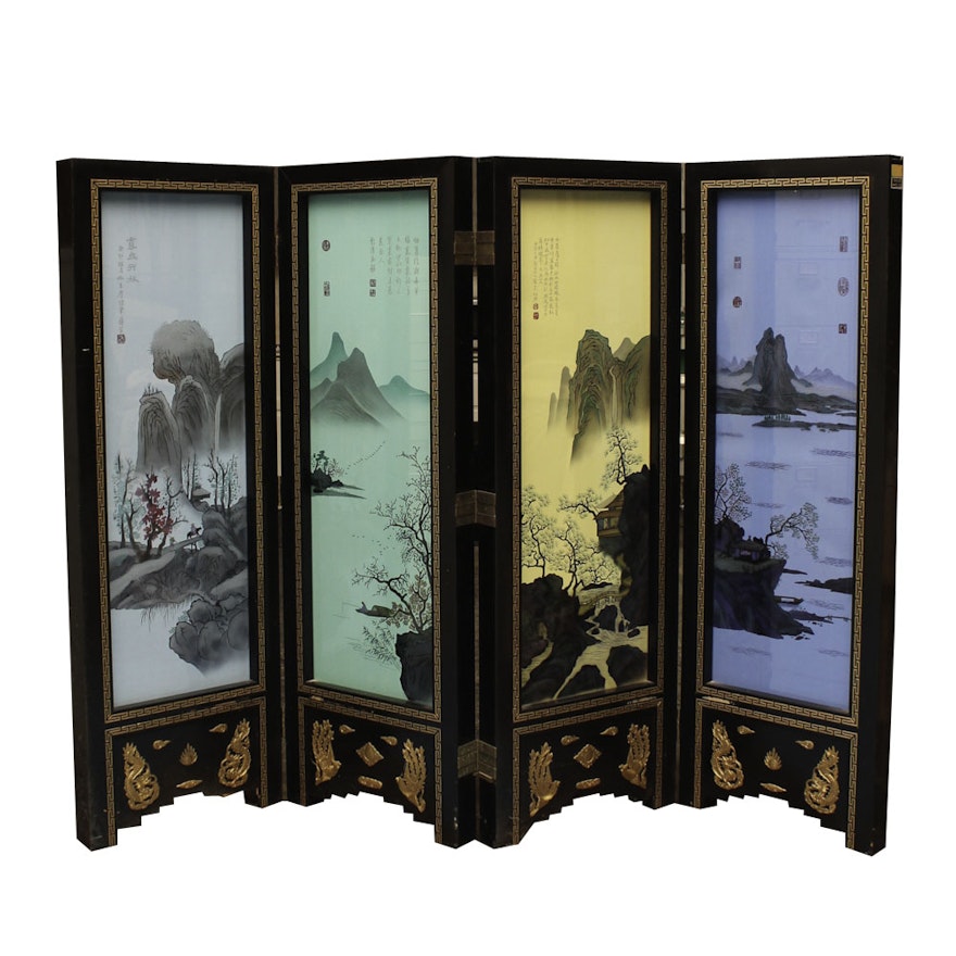 Chinese Style Painted Silk and Glass Lighted Folding Screen