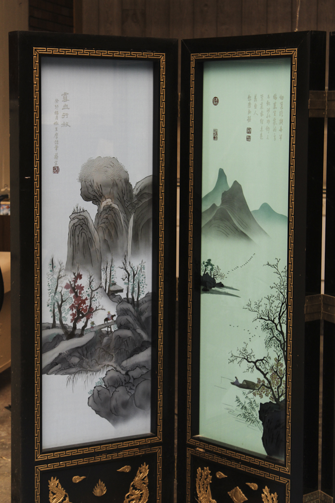 Chinese Style Painted Silk and Glass Lighted Folding Screen