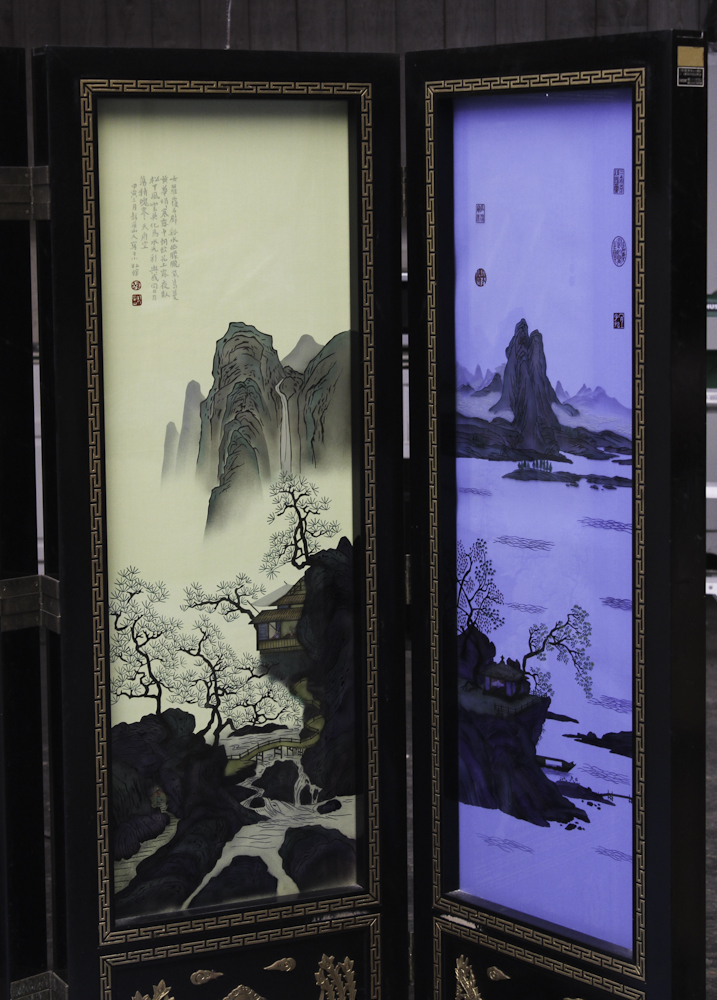 Chinese Style Painted Silk and Glass Lighted Folding Screen