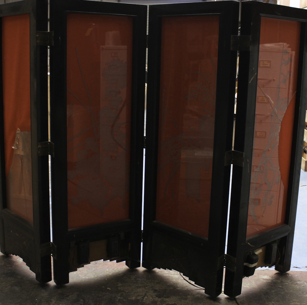 Chinese Style Painted Silk and Glass Lighted Folding Screen